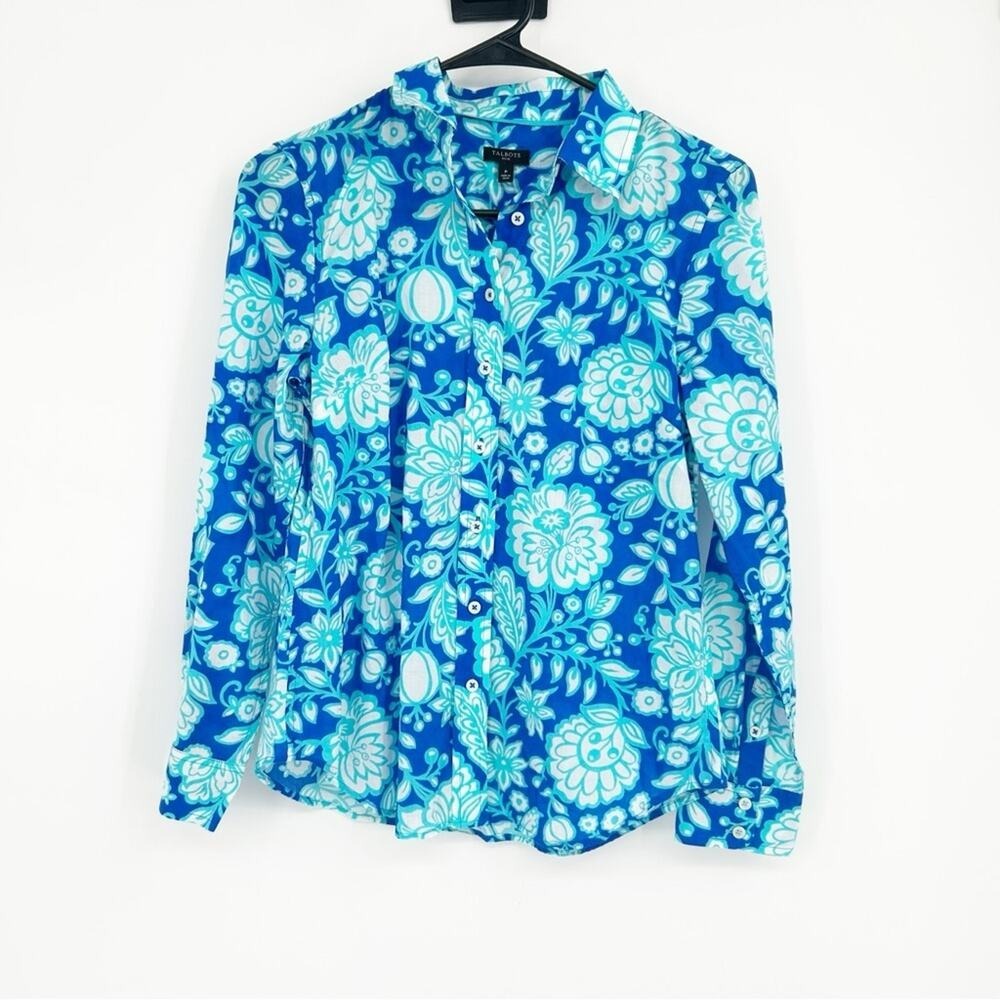 Talbots Blue Floral 100% Cotton Lightweight Button Down Vacation Summer Shirt SP